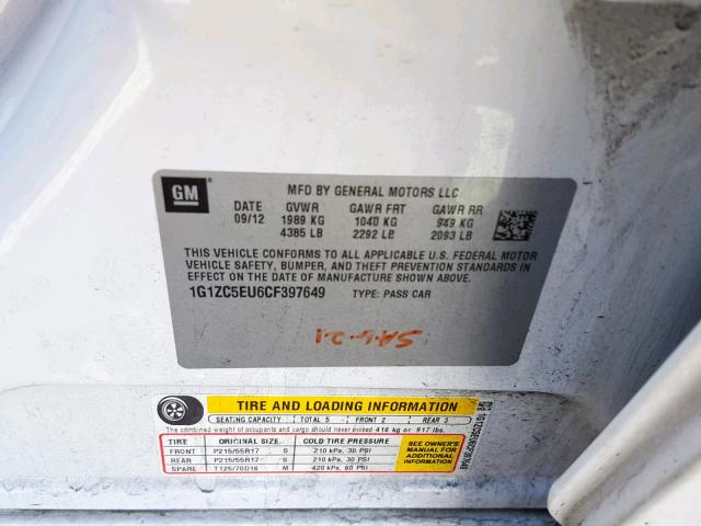 1G1ZC5EU6CF397649 - 2012 CHEVROLET MALIBU 1LT 白色 照片 10