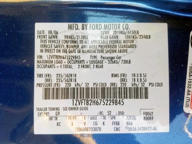1ZVFT82H675229845 - 2007 FORD MUSTANG GT BLUE photo 10