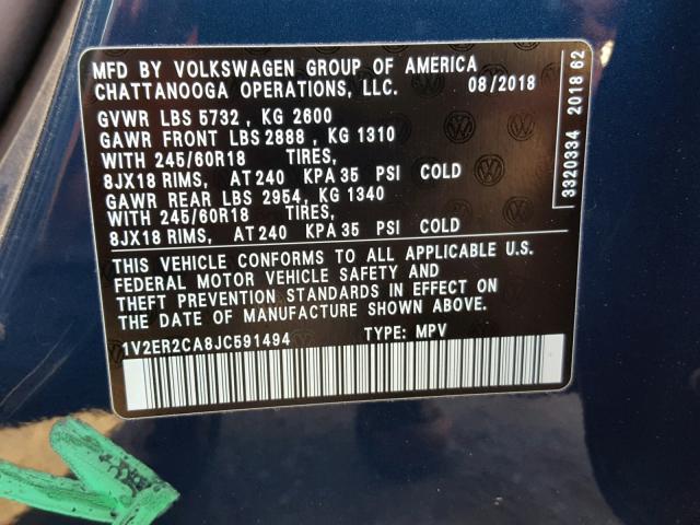 1V2ER2CA8JC591494 - 2018 VOLKSWAGEN ATLAS SEL Turkuaz foto 10