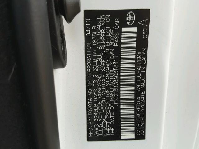 JTKDE3B78A0318411 - 2010 TOYOTA SCION TC 白色 照片 10