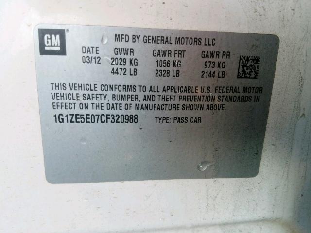 1G1ZE5E07CF320988 - 2012 CHEVROLET MALIBU LTZ თეთრი ფოტო 10