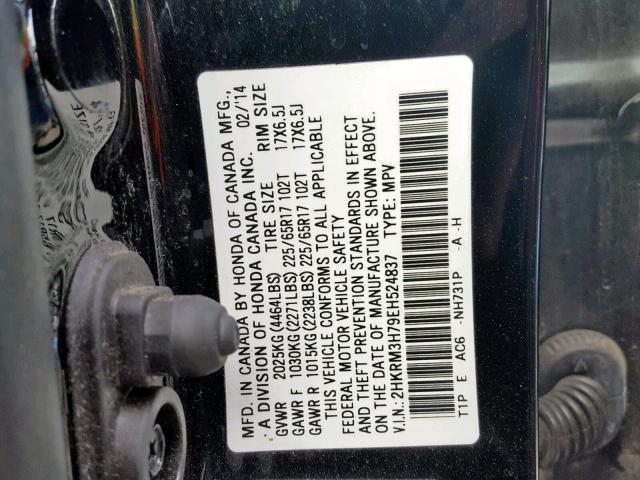 2HKRM3H79EH524837 - 2014 HONDA CR-V EXL BLACK photo 10