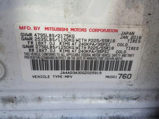 JA4AD3A30GZ025919 - 2016 MITSUBISHI OUTLANDER WHITE photo 10