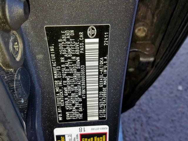 4T1BK1EB6DU030553 - 2013 TOYOTA AVALON BAS GRAY photo 10