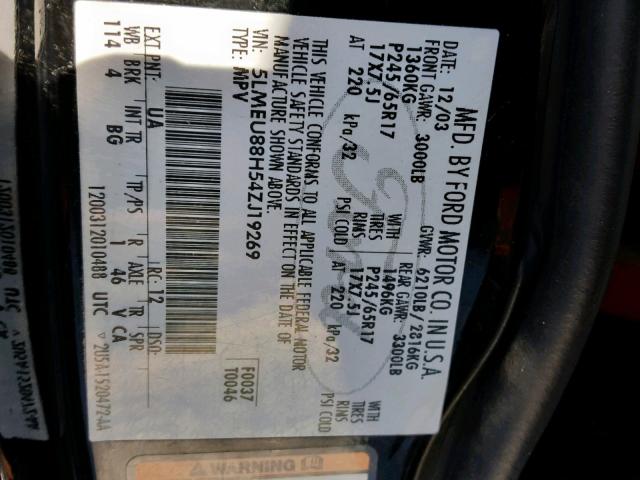 5LMEU88H54ZJ19269 - 2004 LINCOLN AVIATOR 黑色 照片 10