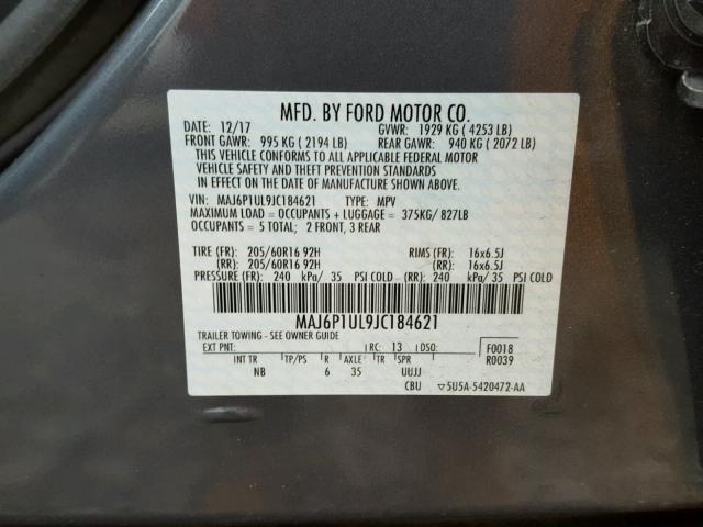 MAJ6P1UL9JC184621 - 2018 FORD ECOSPORT S GRAY photo 10