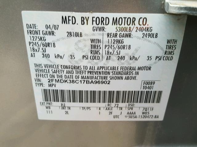 2FMDK38C17BA96902 - 2007 FORD EDGE SEL SILVER photo 10