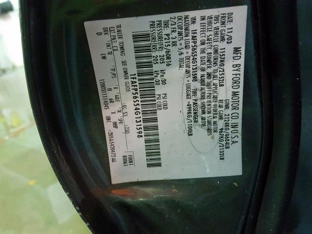 1FAFP56S54G131598 - 2004 FORD TAURUS SEL GRAY photo 10