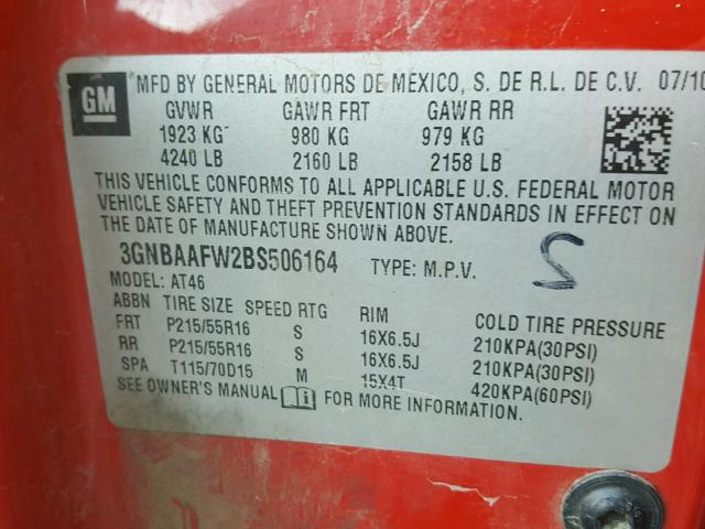 3GNBAAFW2BS506164 - 2011 CHEVROLET HHR LS Қызыл фото 10