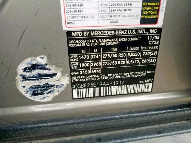 4JGBF25E19A494914 - 2009 MERCEDES-BENZ GL GRAY photo 10