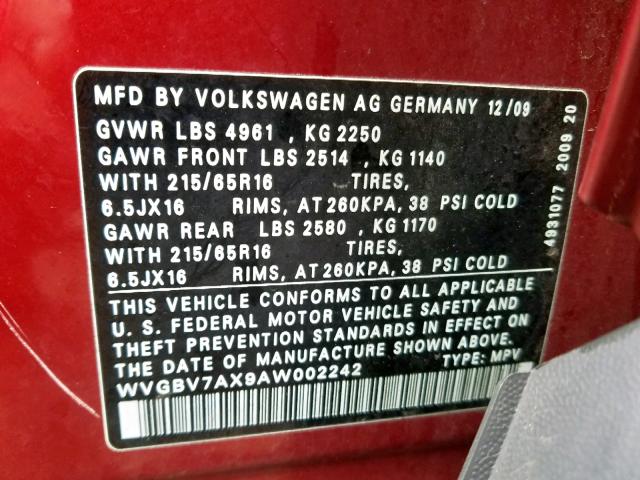 WVGBV7AX9AW002242 - 2010 VOLKSWAGEN TIGUAN SE RED photo 10