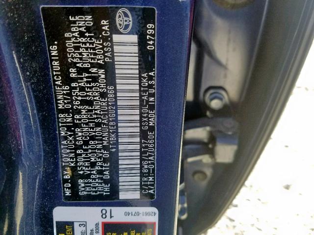 4T1BK1EB1GU210866 - 2016 TOYOTA AVALON XLE BLUE photo 10