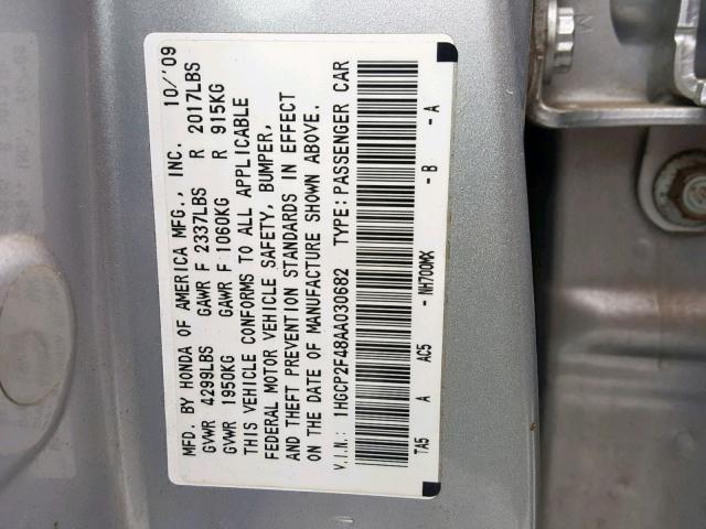 1HGCP2F48AA030682 - 2010 HONDA ACCORD LXP SILVER photo 10