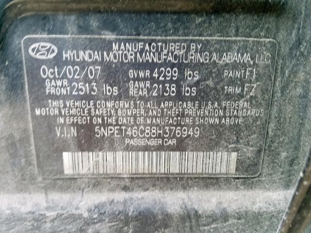 5NPET46C88H376949 - 2008 HYUNDAI SONATA GLS BLACK photo 10