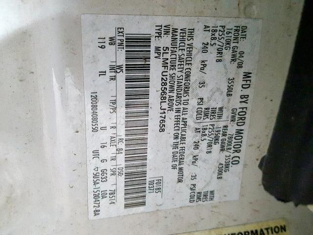 5LMFU28568LJ17658 - 2008 LINCOLN NAVIGATOR 白色 照片 10