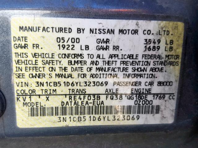 3N1CB51D6YL323069 - 2000 NISSAN SENTRA BAS GRAY photo 10