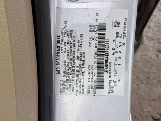 3FAHP0GA4BR168116 - 2011 FORD FUSION S SILVER photo 10