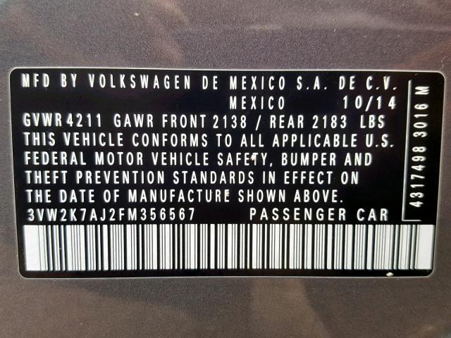 3VW2K7AJ2FM356567 - 2015 VOLKSWAGEN JETTA BASE 灰色 照片 10