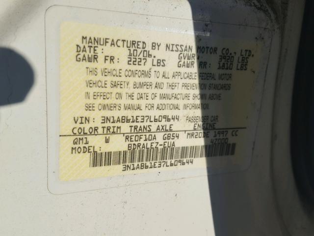 3N1AB61E37L609644 - 2007 NISSAN SENTRA 2.0 WHITE photo 10