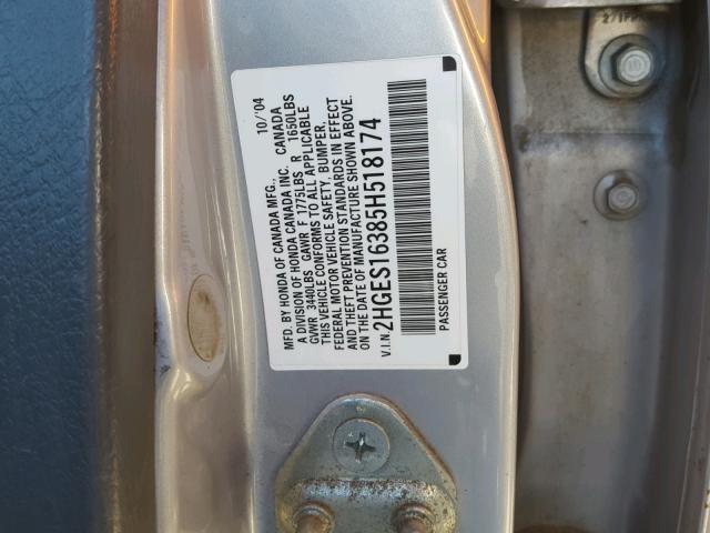 2HGES16385H518174 - 2005 HONDA CIVIC DX V SILVER photo 10