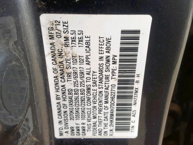 2HKRM4H70CH622710 - 2012 HONDA CR-V EXL GRAY photo 10