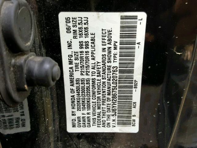 5J6YH28675L020763 - 2005 HONDA ELEMENT EX BLACK photo 10