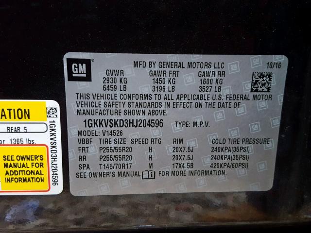 1GKKVSKD3HJ204596 - 2017 GMC ACADIA LIM CHARCOAL photo 10