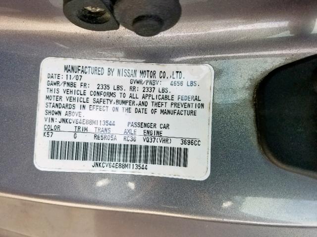 JNKCV64E88M113544 - 2008 INFINITI G37 BASE GRAY photo 10