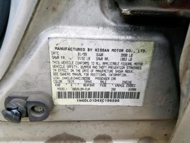 1N4DL01D4XC196596 - 1999 NISSAN ALTIMA XE SILVER photo 10