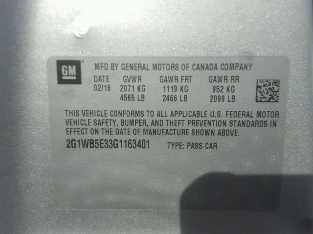 2G1WB5E33G1163401 - 2016 CHEVROLET IMPALA LIM SILVER photo 10