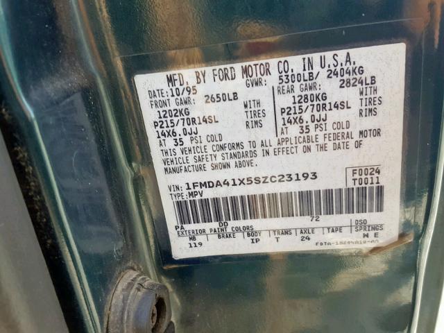 1FMDA41X5SZC23193 - 1995 FORD AEROSTAR GREEN photo 10