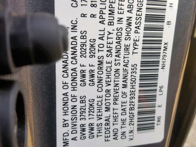 2HGFB2F93EH507355 - 2014 HONDA CIVIC EXL 灰色 照片 10