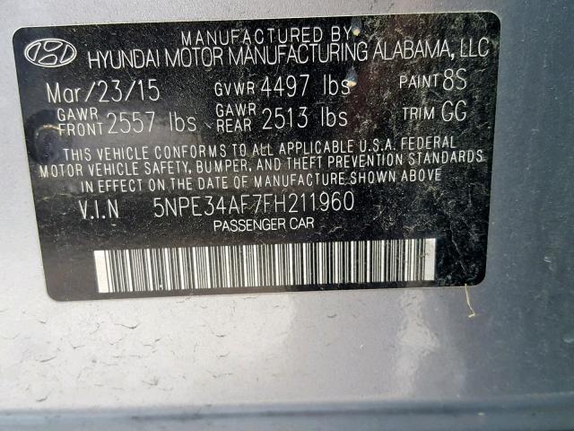 5NPE34AF7FH211960 - 2015 HYUNDAI SONATA SPO SILVER photo 10