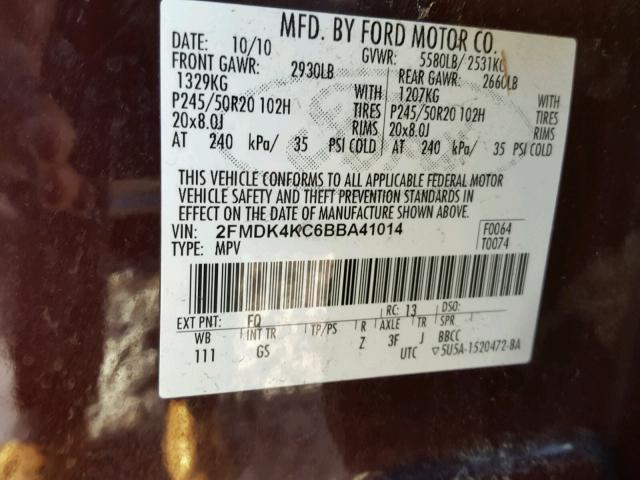 2FMDK4KC6BBA41014 - 2011 FORD EDGE LIMIT PURPLE photo 10