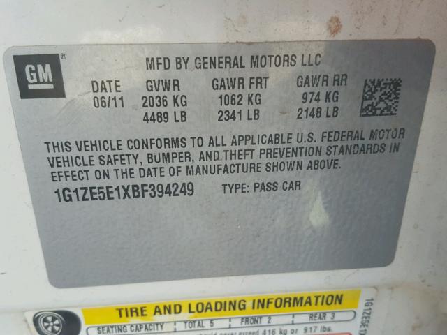 1G1ZE5E1XBF394249 - 2011 CHEVROLET MALIBU LTZ თეთრი ფოტო 10