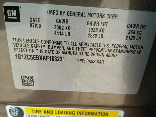 1G1ZC5EBXAF103231 - 2010 CHEVROLET MALIBU 1LT CHARCOAL photo 10