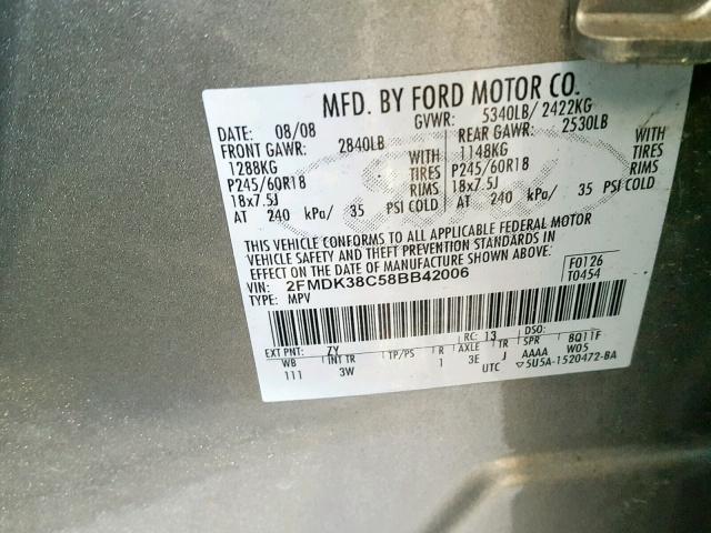 2FMDK38C58BB42006 - 2008 FORD EDGE SEL GRAY photo 10