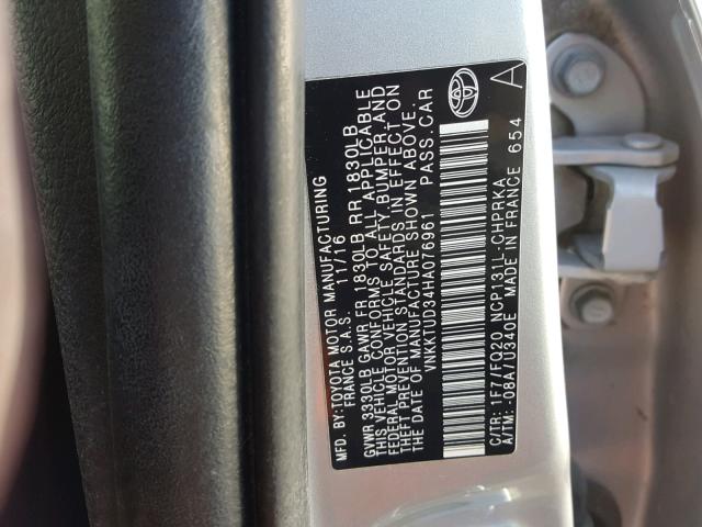 VNKKTUD34HA076961 - 2017 TOYOTA YARIS L SILVER photo 10