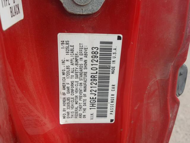 1HGEJ2129RL012983 - 1994 HONDA CIVIC DX RED photo 10