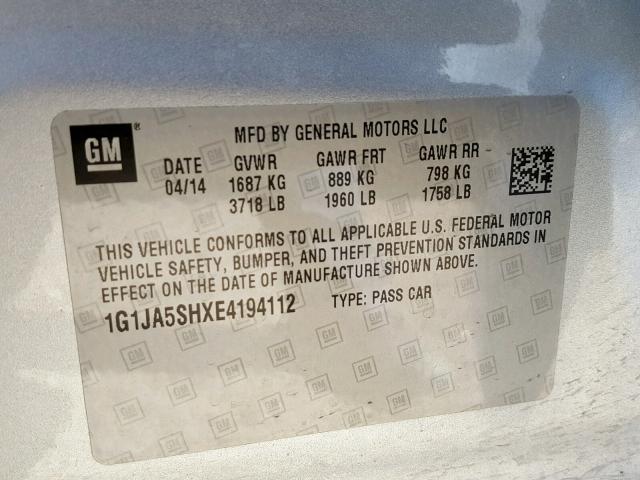 1G1JA5SHXE4194112 - 2014 CHEVROLET SONIC LS ვერცხლისფერი ფოტო 10