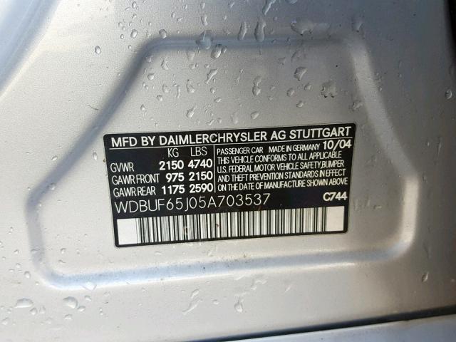 WDBUF65J05A703537 - 2005 MERCEDES-BENZ E 320 SILVER photo 10