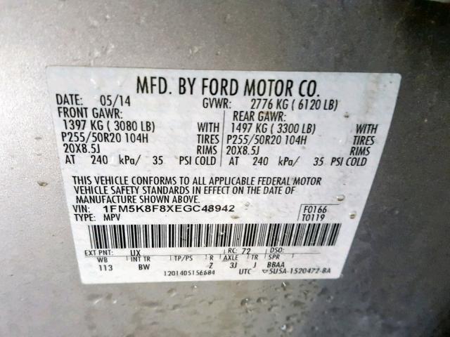 1FM5K8F8XEGC48942 - 2014 FORD EXPLORER L SILVER photo 10