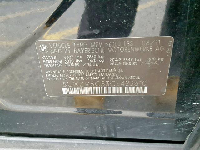 5UXZV8C53CL423610 - 2012 BMW X5 XDRIVE5 BLACK photo 10