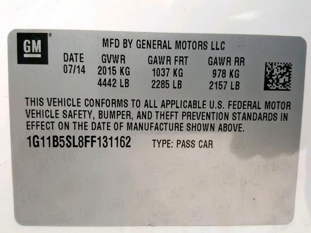 1G11B5SL8FF131162 - 2015 CHEVROLET MALIBU LS თეთრი ფოტო 10