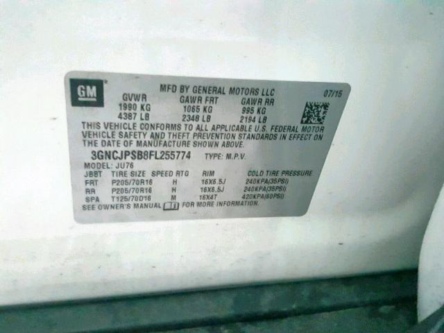 3GNCJPSB8FL255774 - 2015 CHEVROLET TRAX 1LS WHITE photo 10