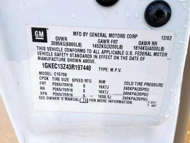 1GKEC13Z43R197448 - 2003 GMC YUKON WHITE photo 10