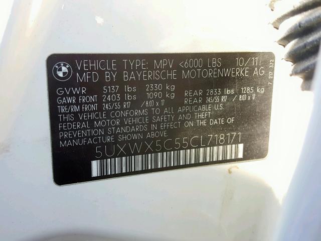 5UXWX5C55CL718171 - 2012 BMW X3 XDRIVE2 WHITE photo 10