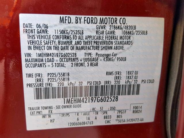 1MEHM42197G602528 - 2007 MERCURY MONTEGO PR 红色 照片 10