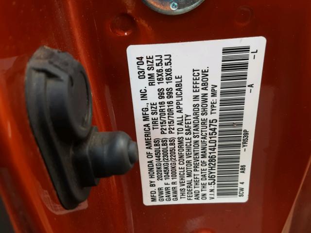 5J6YH28614L015475 - 2004 HONDA ELEMENT EX ORANGE photo 10