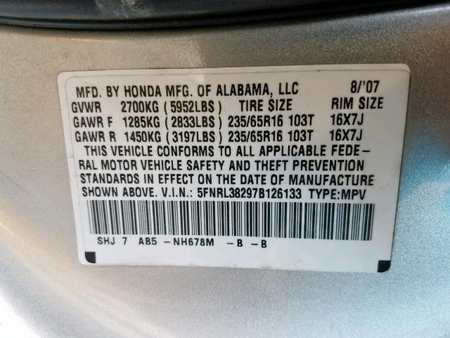 5FNRL38297B126133 - 2007 HONDA ODYSSEY LX GRAY photo 10